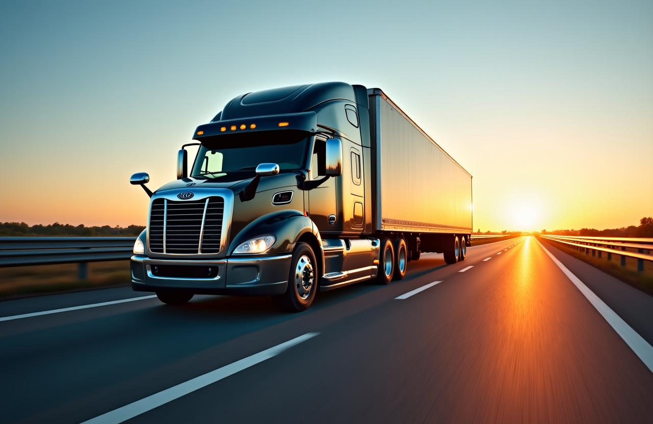 Heavy-duty commercial truck on a wide modern highway at dusk
