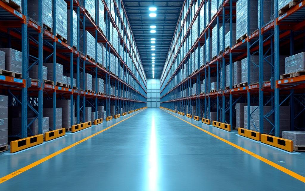 Wide angle of organized warehouse shelving