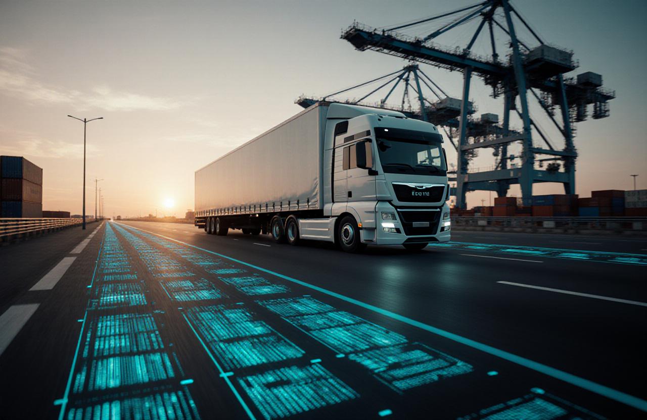 Modern trade corridor with high-speed transport and digital overlay