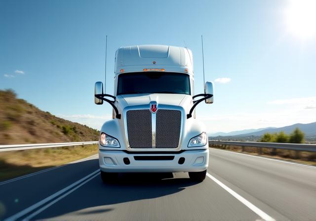 Modern logistics truck on a highway at sunrise