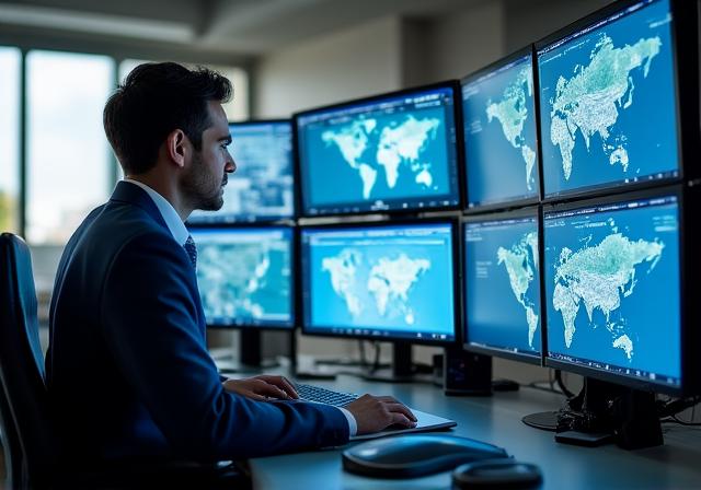 Logistics coordinator managing fleet dispatch in a modern control center